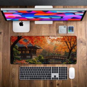 Kyoto Autumn Garden desk mat — amber, crimson and green design, available in M, L, XL and XXL sizes.