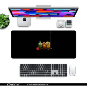 Little Birds Swing desk mat — black with bright accents design, available in M, L, XL and XXL sizes.