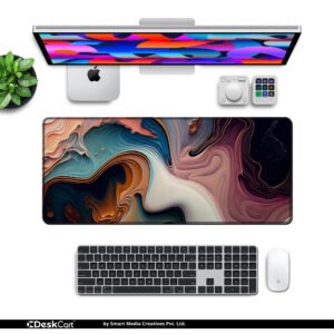 Marble Fusion Flow desk mat — blue, peach and black design, available in M, L, XL and XXL sizes.