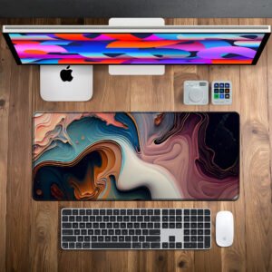 Marble Fusion Flow desk mat — blue, peach and black design, available in M, L, XL and XXL sizes.