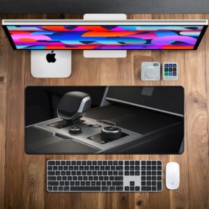 Midnight Drive Desk Mat desk mat — black, silver and metallic grey design, available in M, L, XL and XXL sizes.