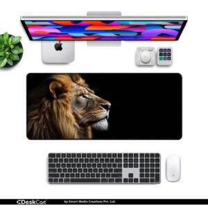 Midnight Lion desk mat — black and warm amber design, available in M, L, XL and XXL sizes.