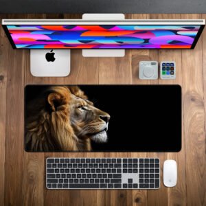 Midnight Lion desk mat — black and warm amber design, available in M, L, XL and XXL sizes.