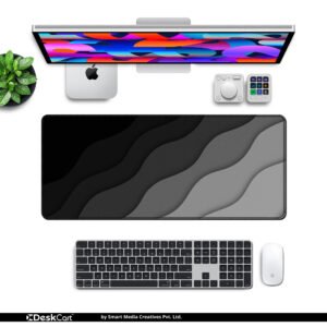 Monochrome Waves Desk Mat desk mat — black, grey and silver gradient design, available in M, L, XL and XXL sizes.