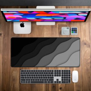 Monochrome Waves Desk Mat desk mat — black, grey and silver gradient design, available in M, L, XL and XXL sizes.
