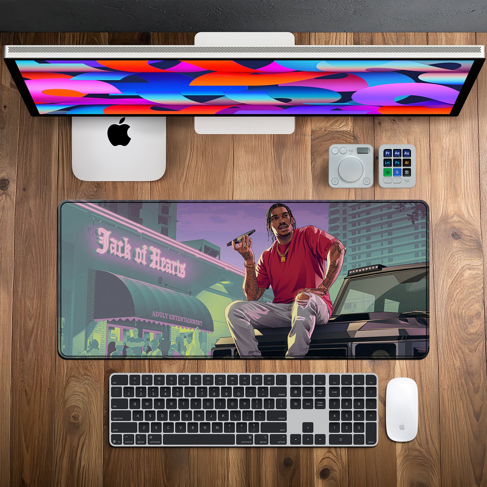 Neon Kingpin desk mat — neon purple and pink design, available in M, L, XL and XXL sizes. Neon Kingpin desk mat — neon purple and pink design, available in M, L, XL and XXL sizes.