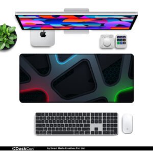 Neon Tech Mesh RGB desk mat — black with red, blue and green neon design, available in M, L, XL and XXL sizes.