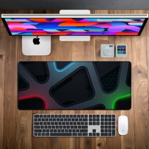 Neon Tech Mesh RGB desk mat — black with red, blue and green neon design, available in M, L, XL and XXL sizes.