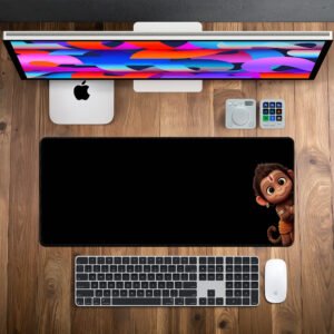 Peekaboo Hanuman desk mat — black with warm accents design, available in M, L, XL and XXL sizes.