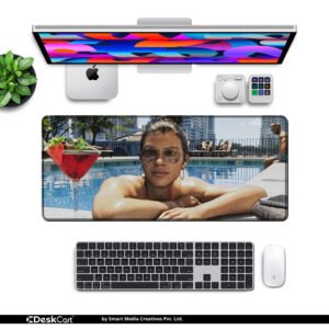 Poolside Escape desk mat — aqua and warm sun design, available in M, L, XL and XXL sizes.