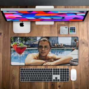 Poolside Escape desk mat — aqua and warm sun design, available in M, L, XL and XXL sizes.