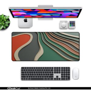 Retro Contour Flow desk mat — rust, green and cream design, available in M, L, XL and XXL sizes.