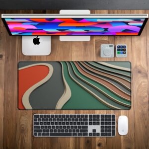 Retro Contour Flow desk mat — rust, green and cream design, available in M, L, XL and XXL sizes.