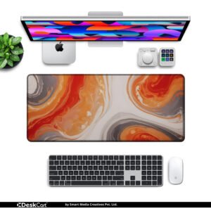 Sunset Marble Swirl desk mat — orange, white and grey design, available in M, L, XL and XXL sizes.