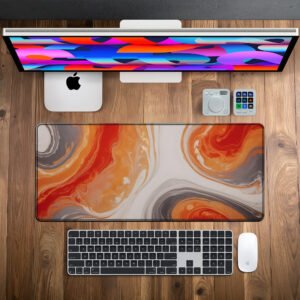Sunset Marble Swirl desk mat — orange, white and grey design, available in M, L, XL and XXL sizes.