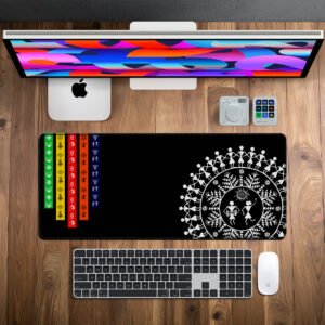 Tribal Rhythm Desk Mat desk mat — black with white folk motifs design, available in M, L, XL and XXL sizes.