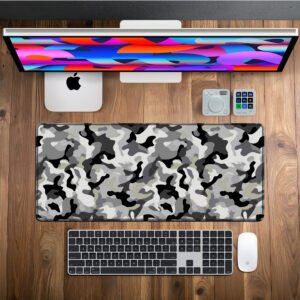 Urban Shadow Camo desk mat — black, graphite grey and white design, available in M, L, XL and XXL sizes.
