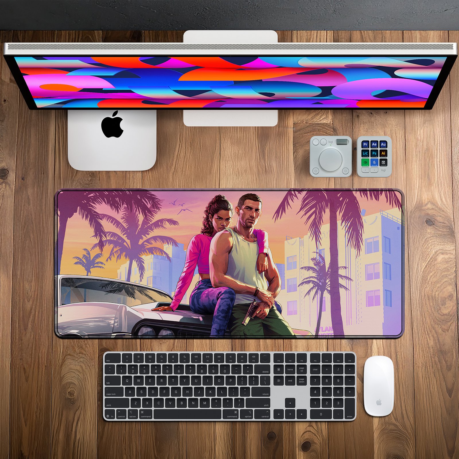 Vice City Legends desk mat — sunset pink and teal design, available in M, L, XL and XXL sizes. Vice City Legends desk mat — sunset pink and teal design, available in M, L, XL and XXL sizes.