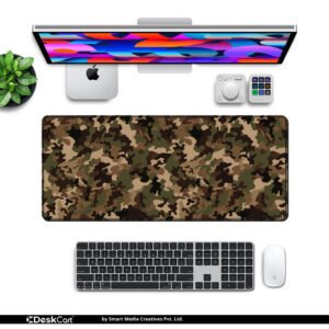 Woodland Tactical Camo desk mat — olive, brown, tan and black design, available in M, L, XL and XXL sizes.