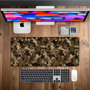 Woodland Tactical Camo desk mat — olive, brown, tan and black design, available in M, L, XL and XXL sizes.
