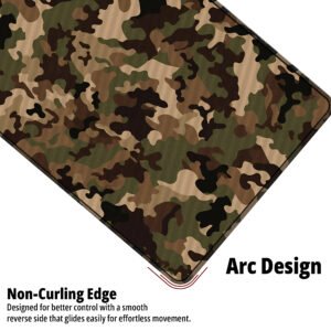 Woodland Tactical Camo desk mat — olive, brown, tan and black design, available in M, L, XL and XXL sizes.