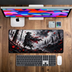 Ashen Blade Desk Mat — ash grey, charcoal and maple red design, available in M, L and XL sizes.