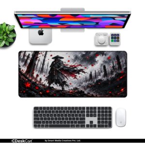 Ashen Blade Desk Mat — ash grey, charcoal and maple red design, available in M, L and XL sizes.