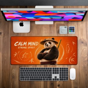 Chill Panda Desk Mat — sunset orange, cream and deep brown design, available in M, L and XL sizes.