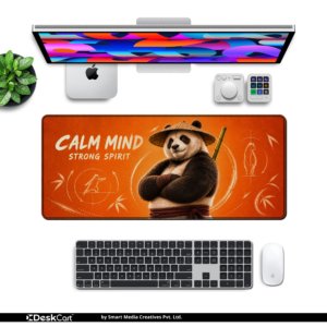 Chill Panda Desk Mat — sunset orange, cream and deep brown design, available in M, L and XL sizes.