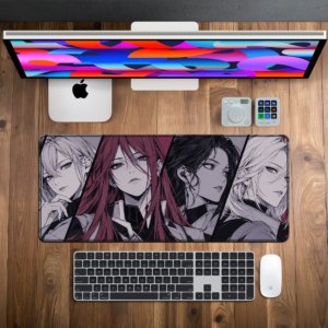 Crimson Quartet Desk Mat — monochrome grey with a crimson accent panel design, available in M, L and XL sizes.