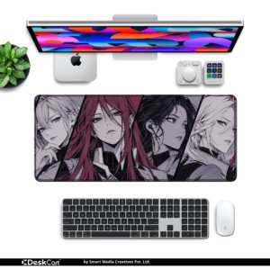 Crimson Quartet Desk Mat — monochrome grey with a crimson accent panel design, available in M, L and XL sizes.