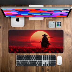 Crimson Sunset Samurai Desk Mat — saturated crimson red and deep black design, available in M, L and XL sizes.
