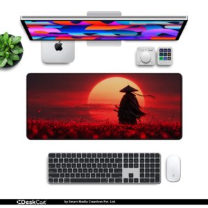 Crimson Sunset Samurai Desk Mat — saturated crimson red and deep black design, available in M, L and XL sizes.