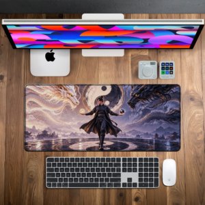Dragon Balance Desk Mat — radiant gold, deep shadow and mist grey design, available in M, L and XL sizes.