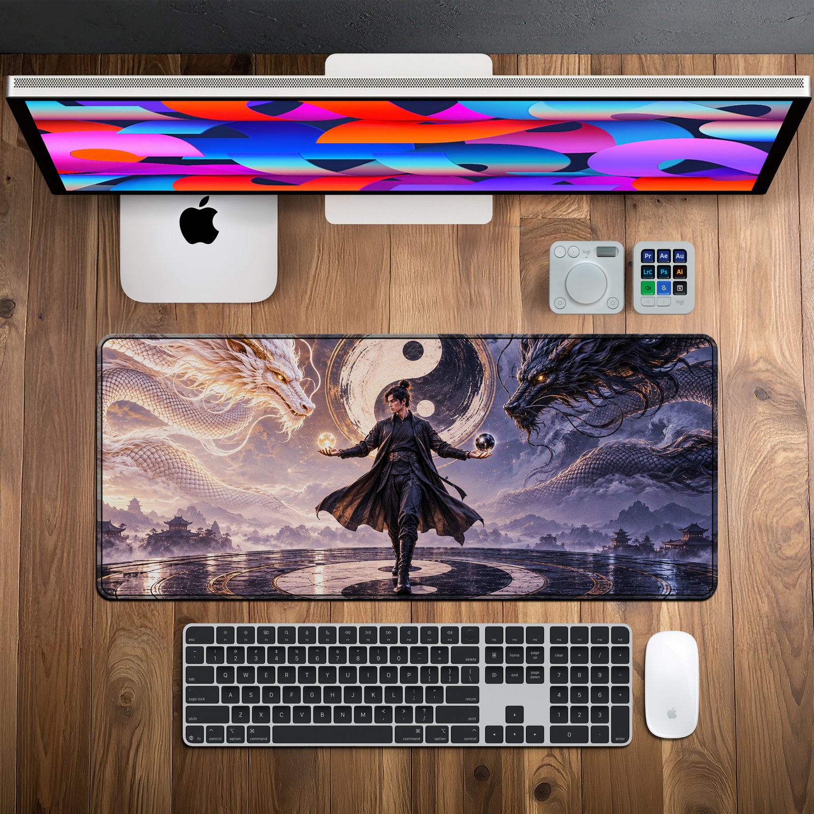 Dragon Balance Desk Mat — radiant gold, deep shadow and mist grey design, available in M, L and XL sizes. Dragon Balance Desk Mat — radiant gold, deep shadow and mist grey design, available in M, L and XL sizes.