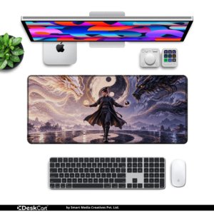 Dragon Balance Desk Mat — radiant gold, deep shadow and mist grey design, available in M, L and XL sizes.