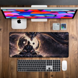 Dragon’s Vigil Desk Mat — radiant gold, deep shadow and bronze design, available in M, L and XL sizes.