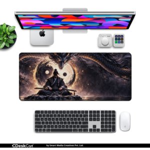 Dragon’s Vigil Desk Mat — radiant gold, deep shadow and bronze design, available in M, L and XL sizes.