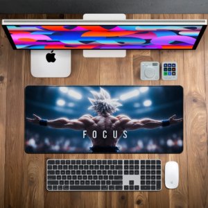 Focus Desk Mat — cool stadium blue and charcoal design, available in M, L and XL sizes.
