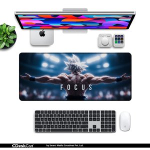 Focus Desk Mat — cool stadium blue and charcoal design, available in M, L and XL sizes.