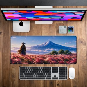 Fuji Wanderer Desk Mat — sky blue, crimson grass and snow white design, available in M, L and XL sizes.