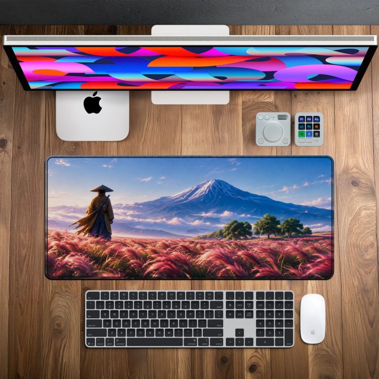 Fuji Wanderer desk mat on a desk setup