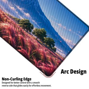 Fuji Wanderer Desk Mat — sky blue, crimson grass and snow white design, available in M, L and XL sizes.