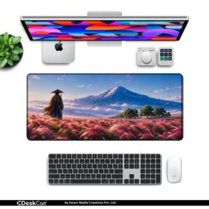 Fuji Wanderer Desk Mat — sky blue, crimson grass and snow white design, available in M, L and XL sizes.