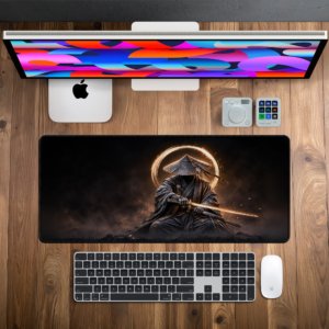 Halo Samurai Desk Mat — deep black and glowing ember amber design, available in M, L and XL sizes.