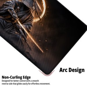 Halo Samurai Desk Mat — deep black and glowing ember amber design, available in M, L and XL sizes.