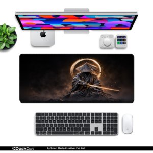 Halo Samurai Desk Mat — deep black and glowing ember amber design, available in M, L and XL sizes.