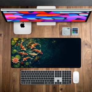 Koi Pond Desk Mat — deep jade teal, gold and coral red design, available in M, L and XL sizes.