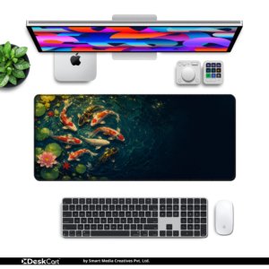 Koi Pond Desk Mat — deep jade teal, gold and coral red design, available in M, L and XL sizes.