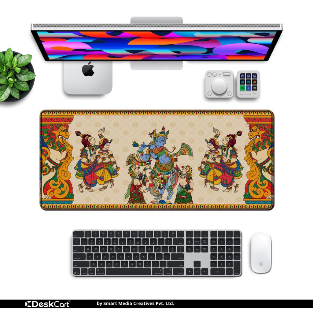 Krishna Pattachitra Desk Mat — gold, maroon, green and ivory design, available in M, L, XL and XXL sizes.